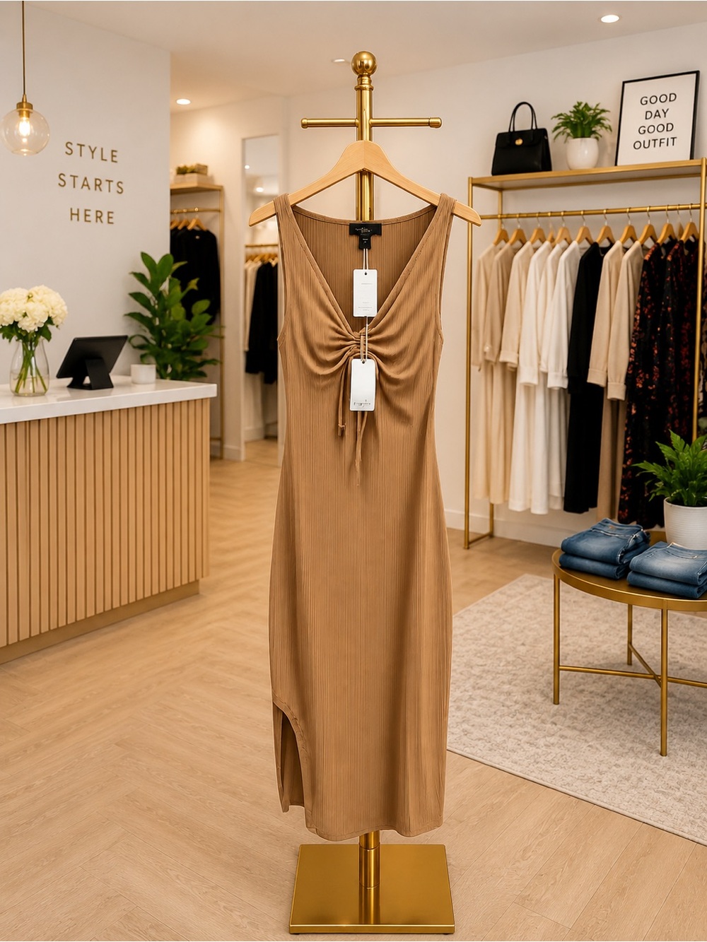 Ruched V-Neck Midi Dress in Camel Brown